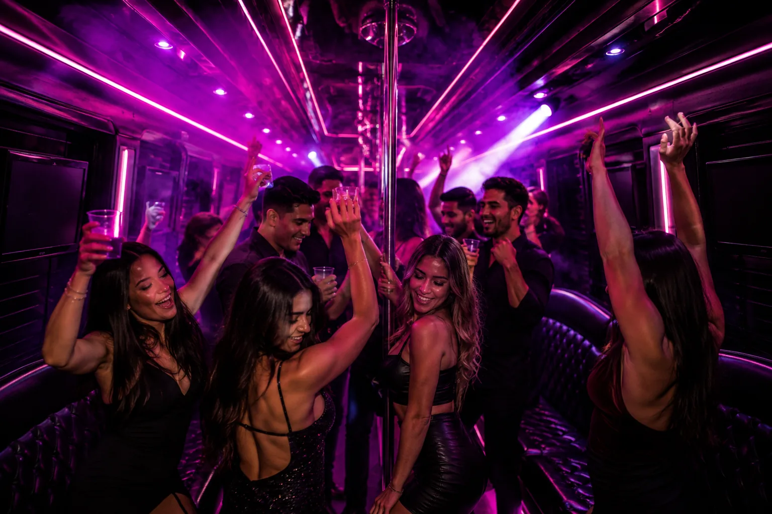 Fiesta a bordo de un bus discoteque con luces neón